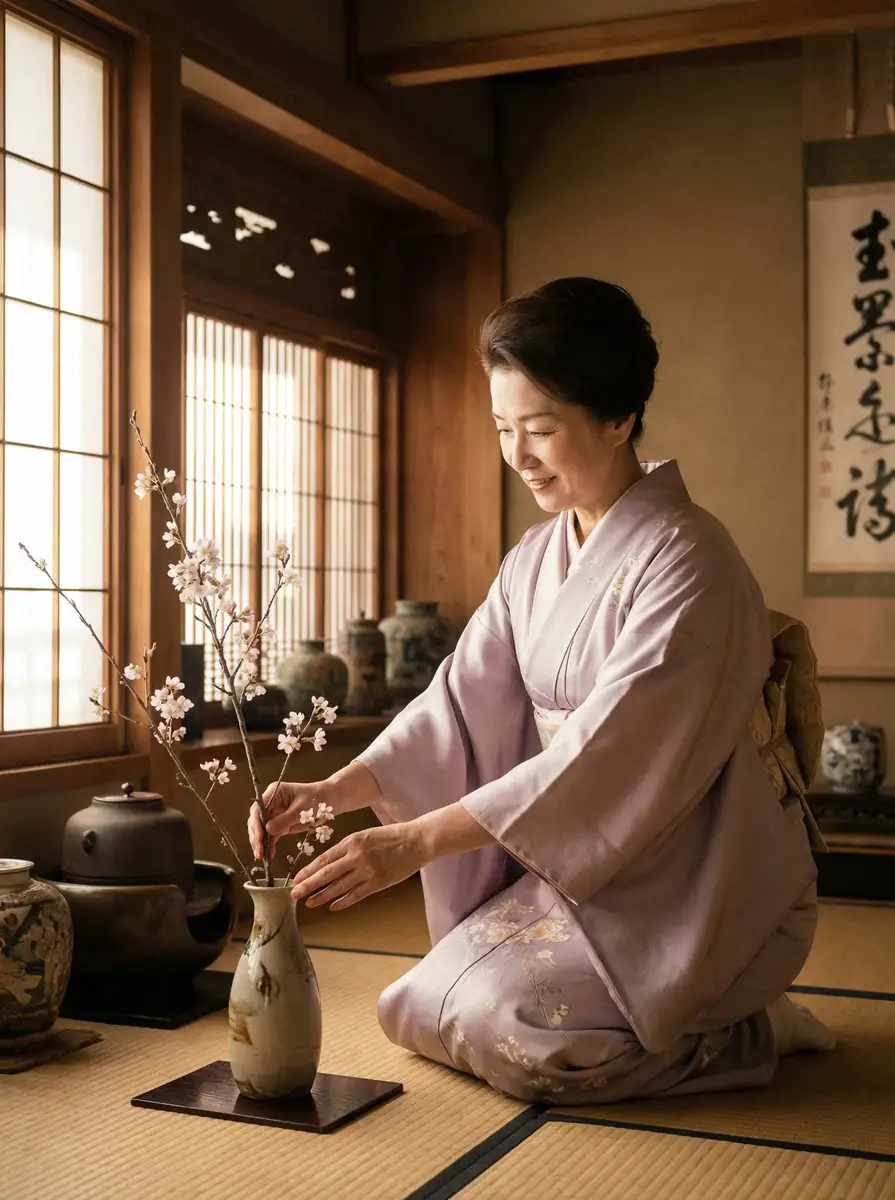 一位优雅的 青梅竹马是消防员樱花视频 在和室中插花